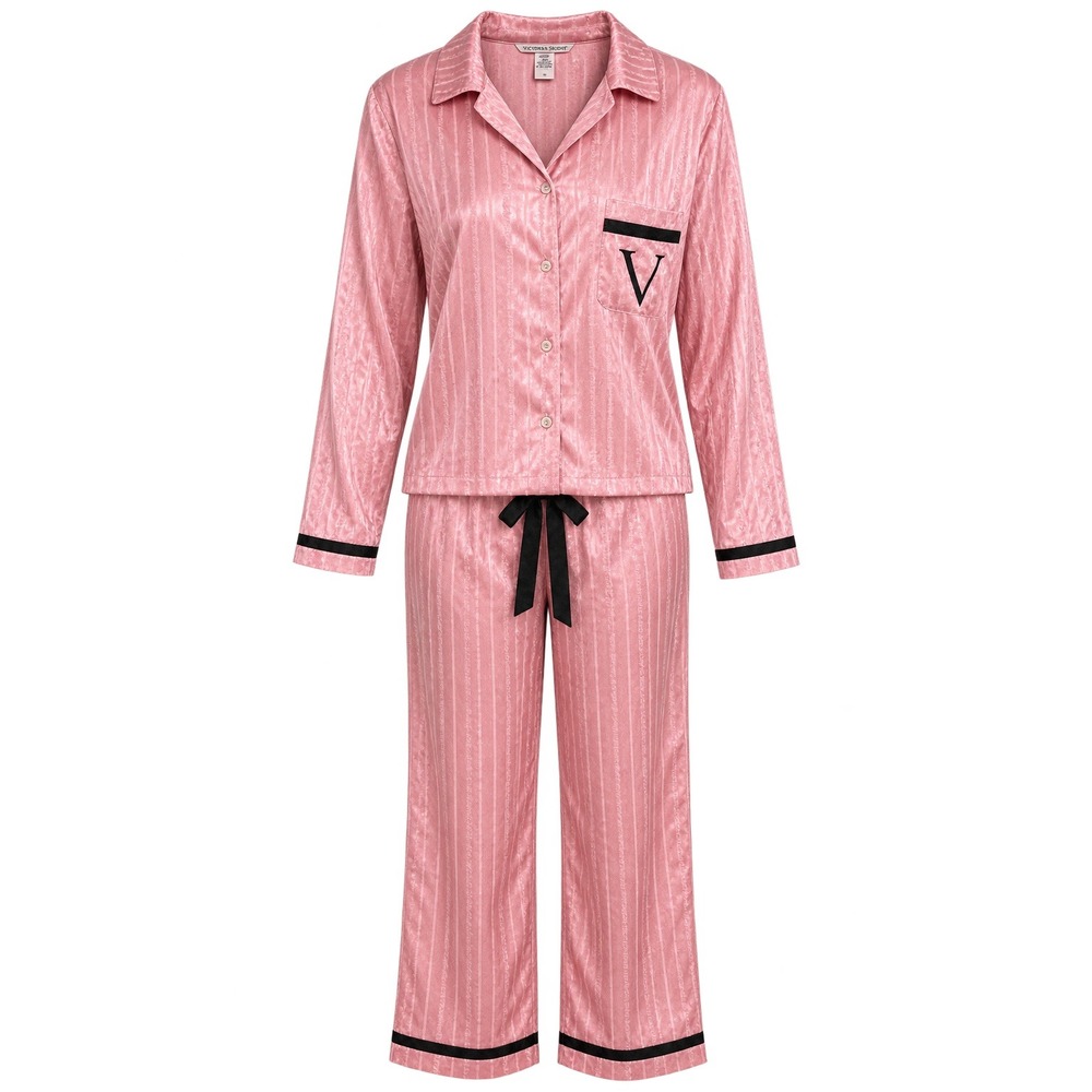 Victoria"s Secret Pink Satin Stripe Pajama Set Long Sleeve Button Up Pants L
